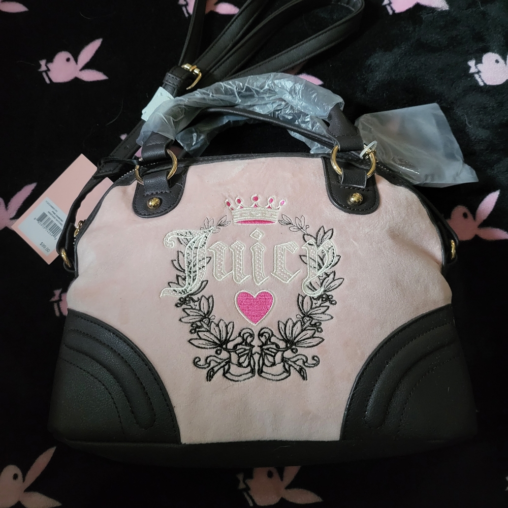 Juicy Couture Pink and Black Satchel with Heart Motifs